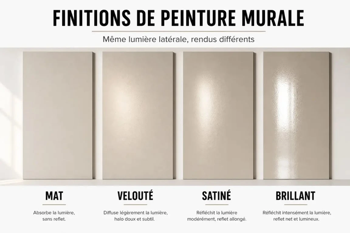 Décoration en peinture murale : comparaison visuelle des finitions mate, veloutée, satinée et brillante