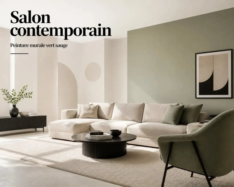 Décoration en peinture murale dans un salon lumineux avec mur d’accent vert sauge et mobilier en bois