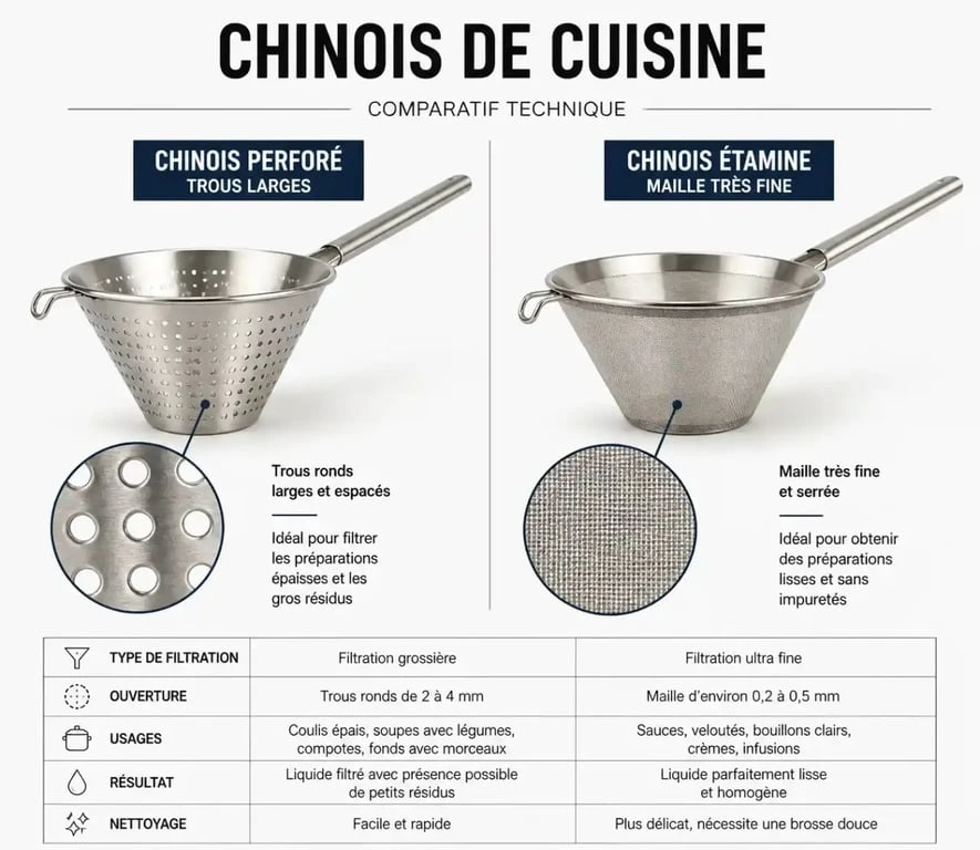 Comparaison visuelle entre un chinois perforé et un chinois étamine pour la cuisine