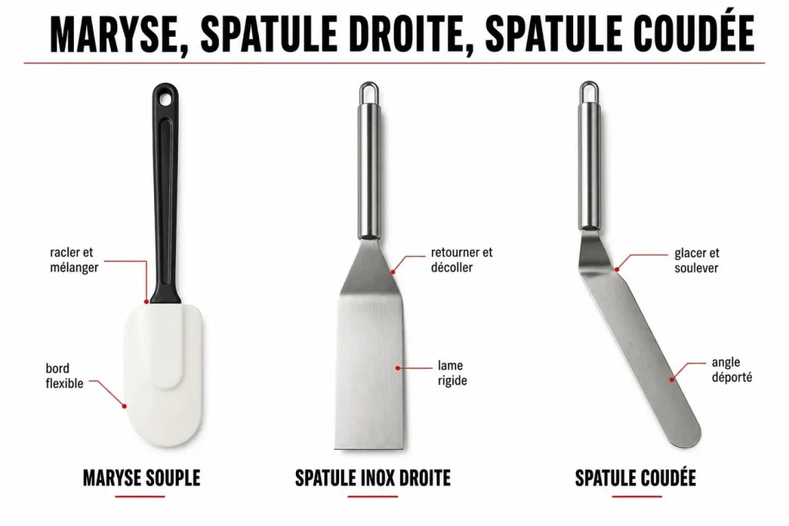 Comparaison des ustensiles de cuisine maryse avec une spatule inox et une spatule coudée