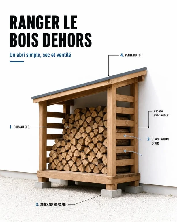 rangement bois extérieur fait maison avec base surélevée, toit incliné et bûches bien ventilées