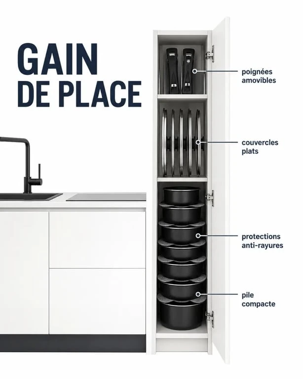 Ustensiles de cuisine empilables rangés dans une petite cuisine avec casseroles et poêles imbriquées