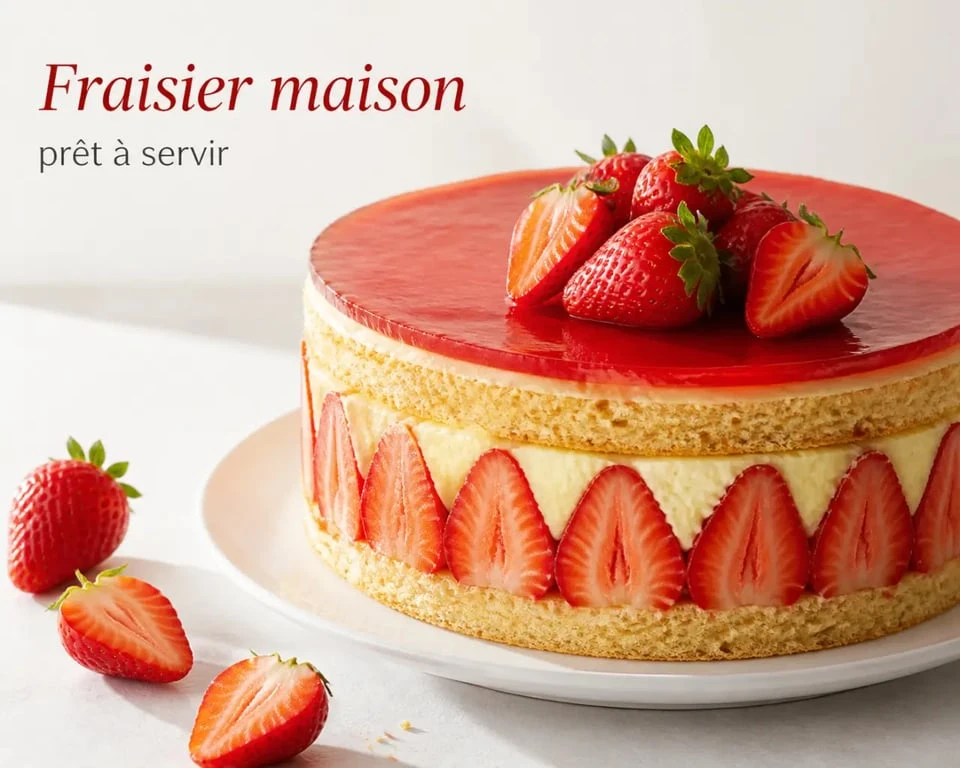 La cuisine d'Annie recettes : fraisier maison dressé sur assiette blanche, prêt à servir