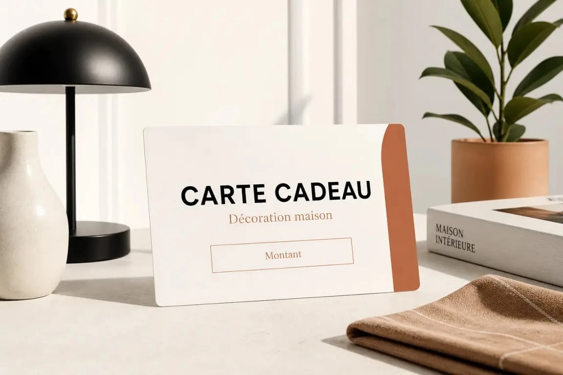 Carte cadeau décoration maison présentée avec des objets déco dans un salon chaleureux