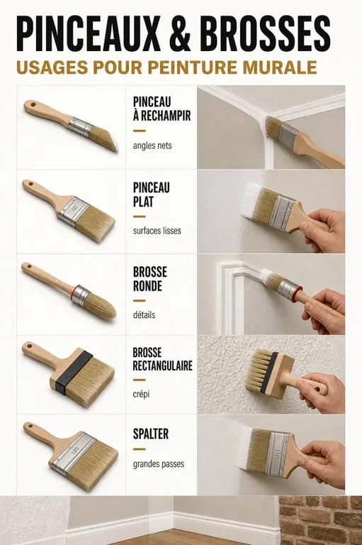 Pinceau pour peinture murale : comparaison visuelle des pinceaux et brosses selon les zones du mur