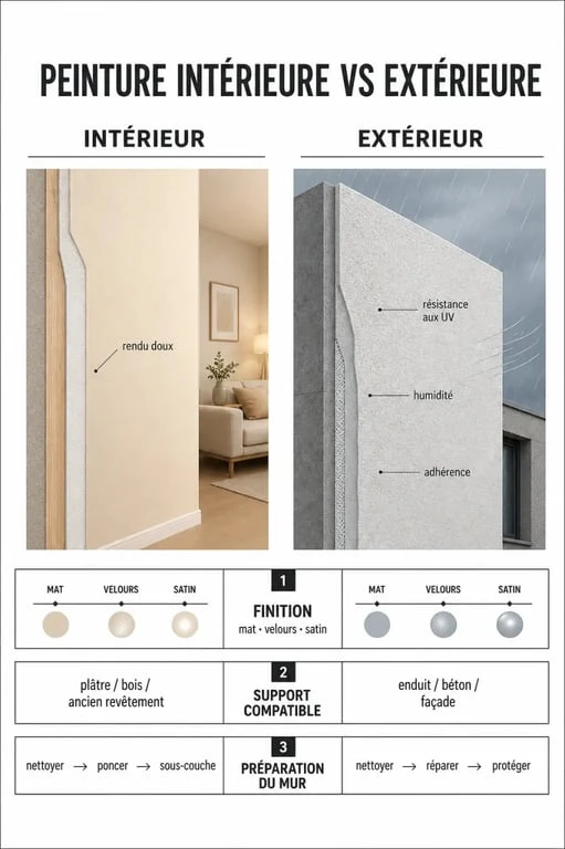 Peinture murale brico depot : comparaison visuelle entre intérieur, extérieur, finitions et supports