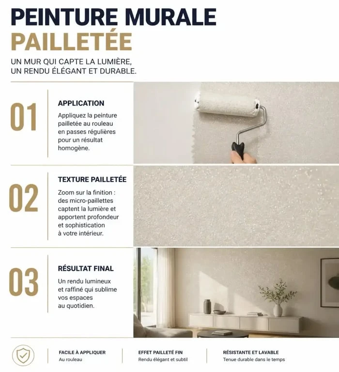Application de paillette pour peinture murale sur un mur intérieur