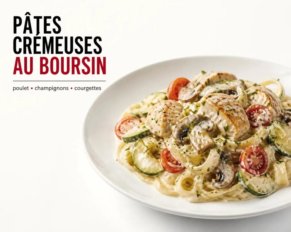 Recette boursin recettes cuisine de pâtes crémeuses au poulet et légumes dans une assiette dressée