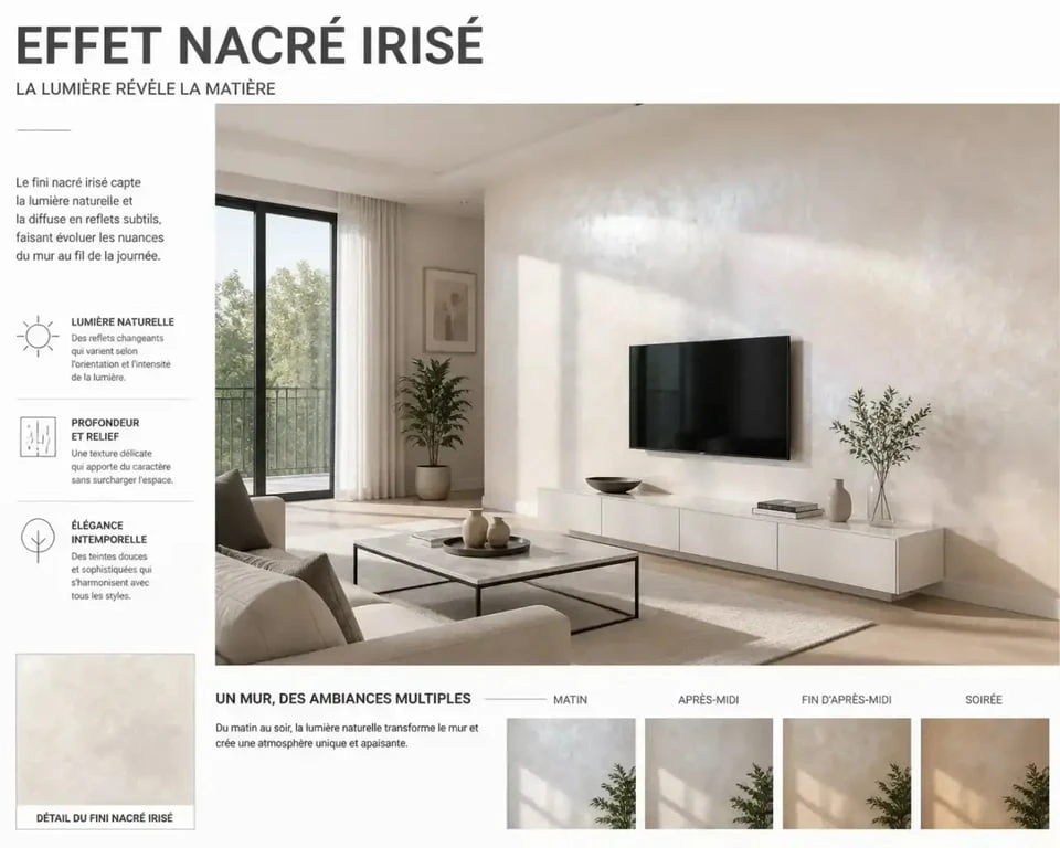 Salon décoré avec une peinture murale effet nacré irisé
