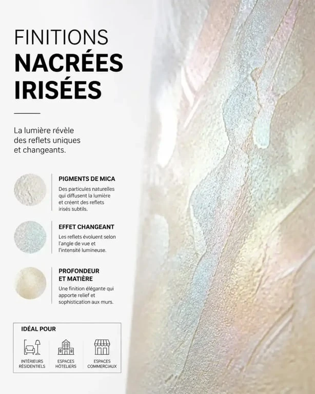 Détail d'une peinture murale effet nacré irisé montrant les reflets lumineux