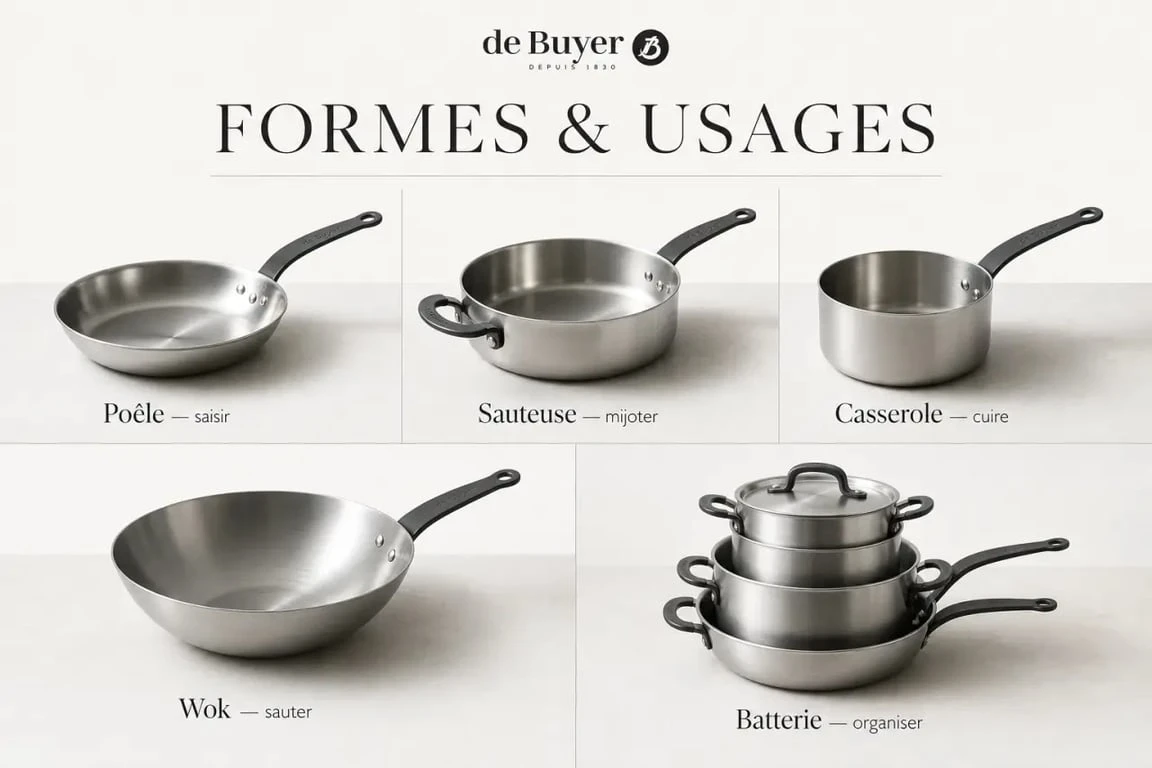 Ustensiles de cuisine de Buyer en inox illustrés par usage : poêle, sauteuse, casserole et wok