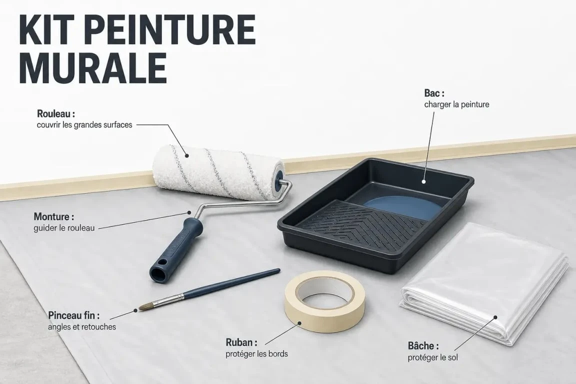Kit peinture murale complet avec rouleau, pinceau, bac, ruban de masquage et protections dans une pièce intérieure