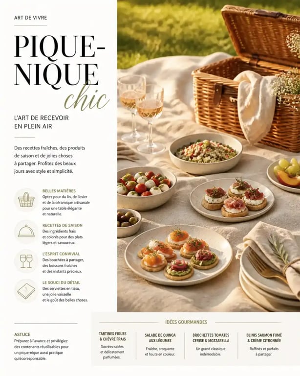 Mise en scène d'un pique-nique chic avec des recettes maison faciles sur une nappe en lin