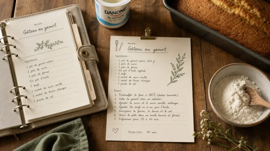 Fiche recettes de cuisine : fiche imprimée A5 sur table en bois, classeur ouvert