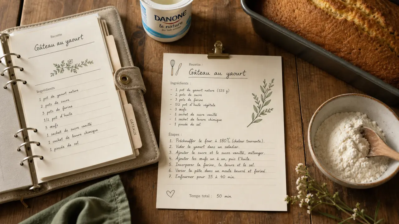 Fiche recettes de cuisine : fiche imprimée A5 sur table en bois, classeur ouvert