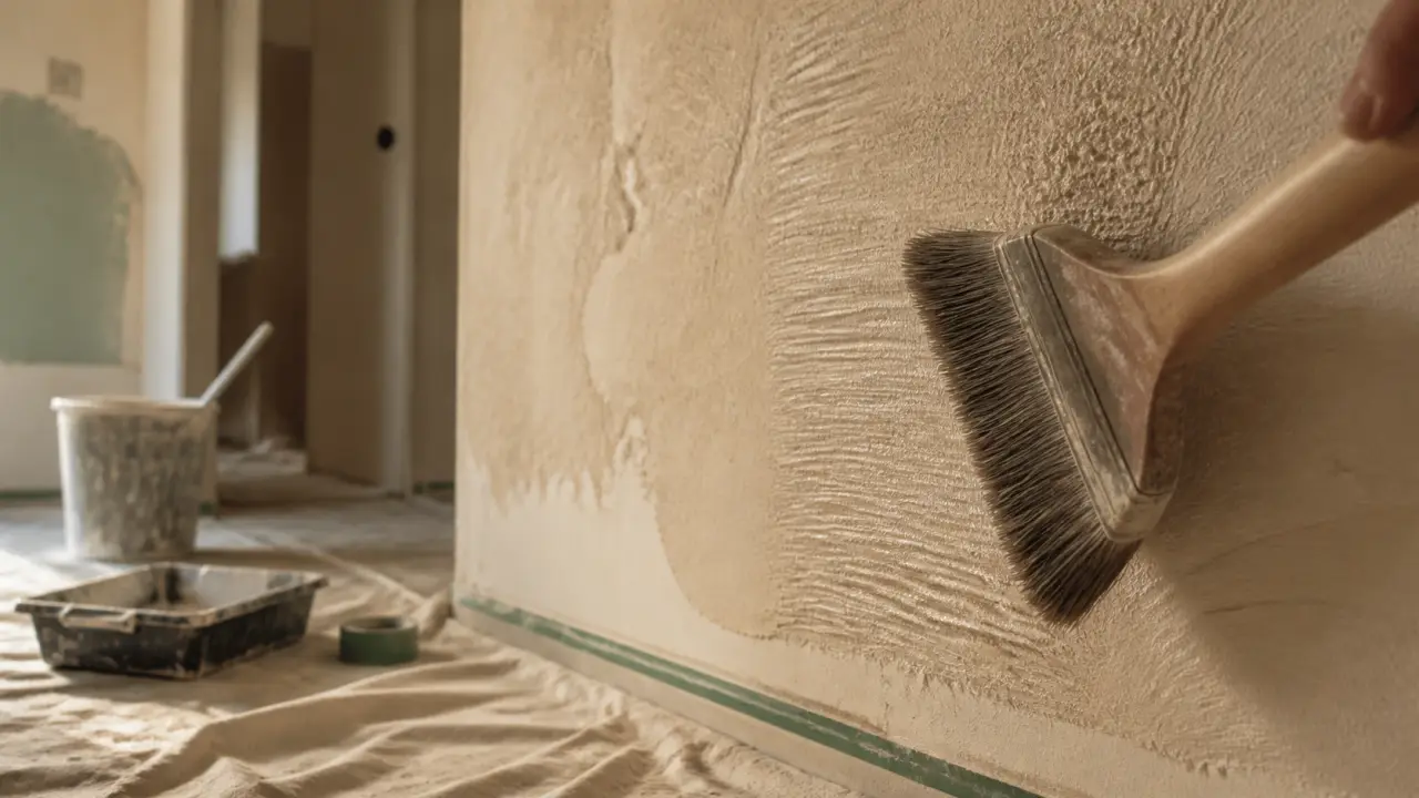 Peinture murale effet brossé : brosse large sur mur à la chaux, stries nettes