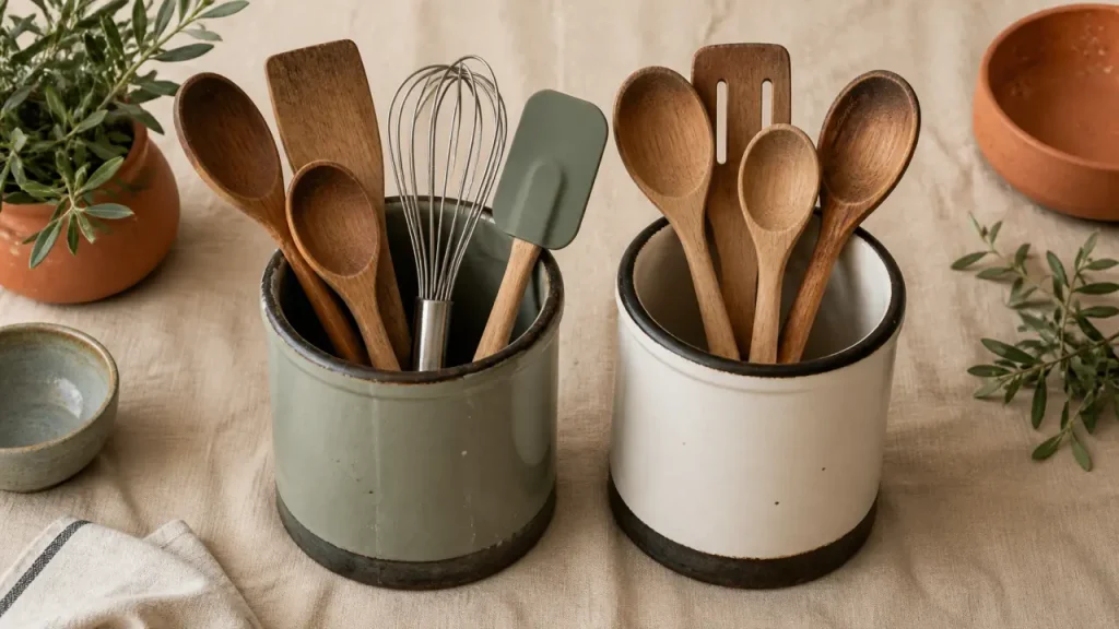 Pots pour ustensiles de cuisine en émail gris-vert et blanc, côte à côte