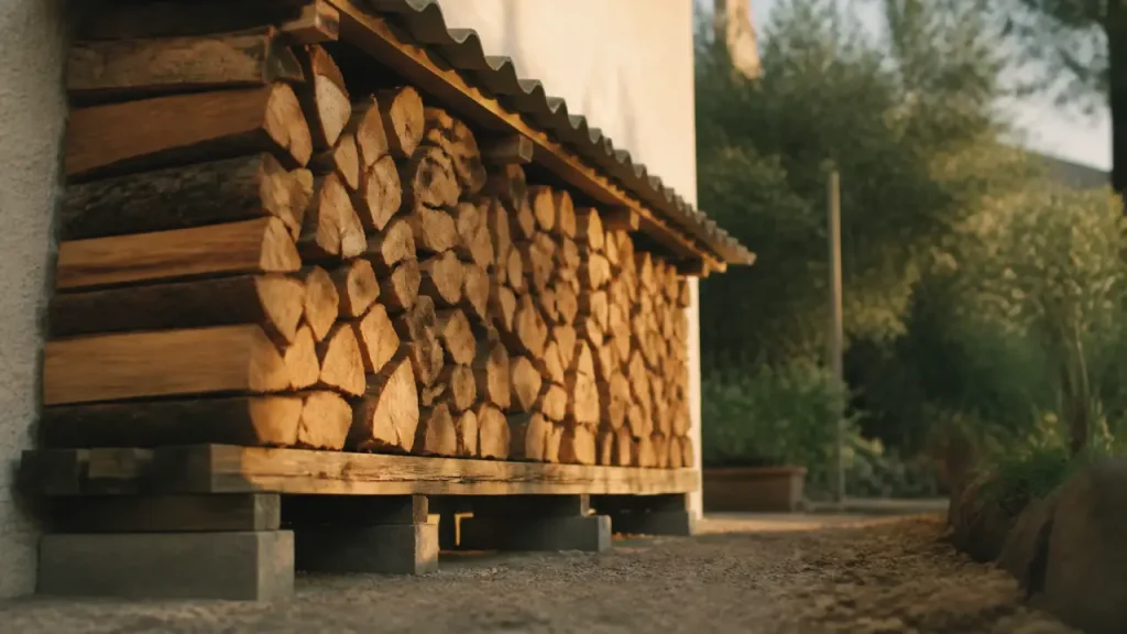 Rangement bois extérieur fait maison : abri ventilé hors sol, bûches sur plots béton
