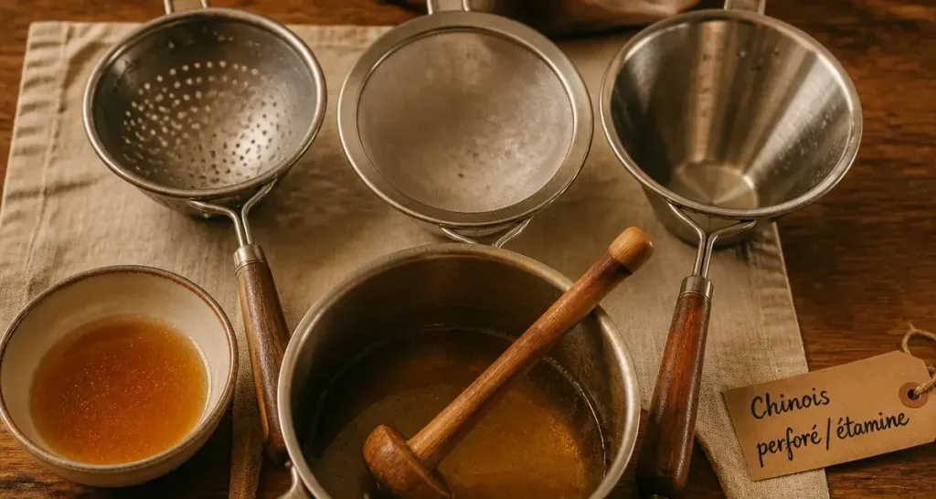 Ustensiles chinois cuisine : chinois perforé et étamine pour sauces et bouillons