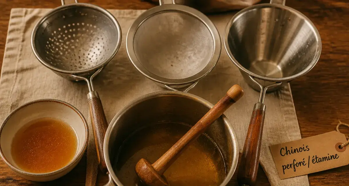 Ustensiles chinois cuisine : chinois perforé et étamine pour sauces et bouillons