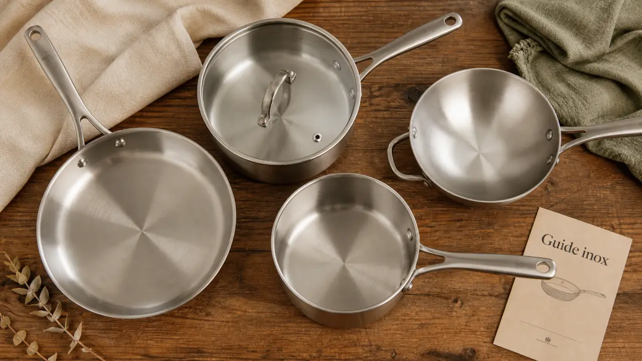 Ustensiles de cuisine de buyer en inox sur planche bois, guide avant achat