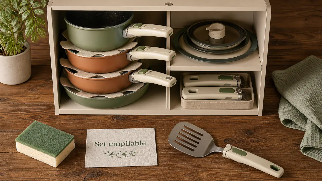 Ustensiles de cuisine empilables sur table, compatibles induction et four