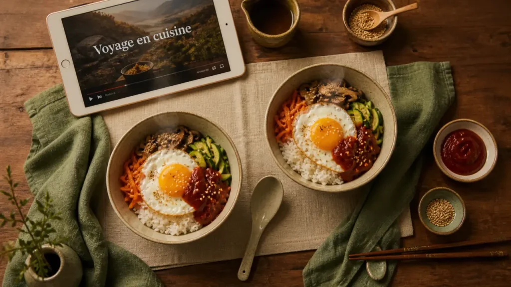 Voyage en cuisine recettes : bibimbap simplifié, bols et légumes sur table en bois