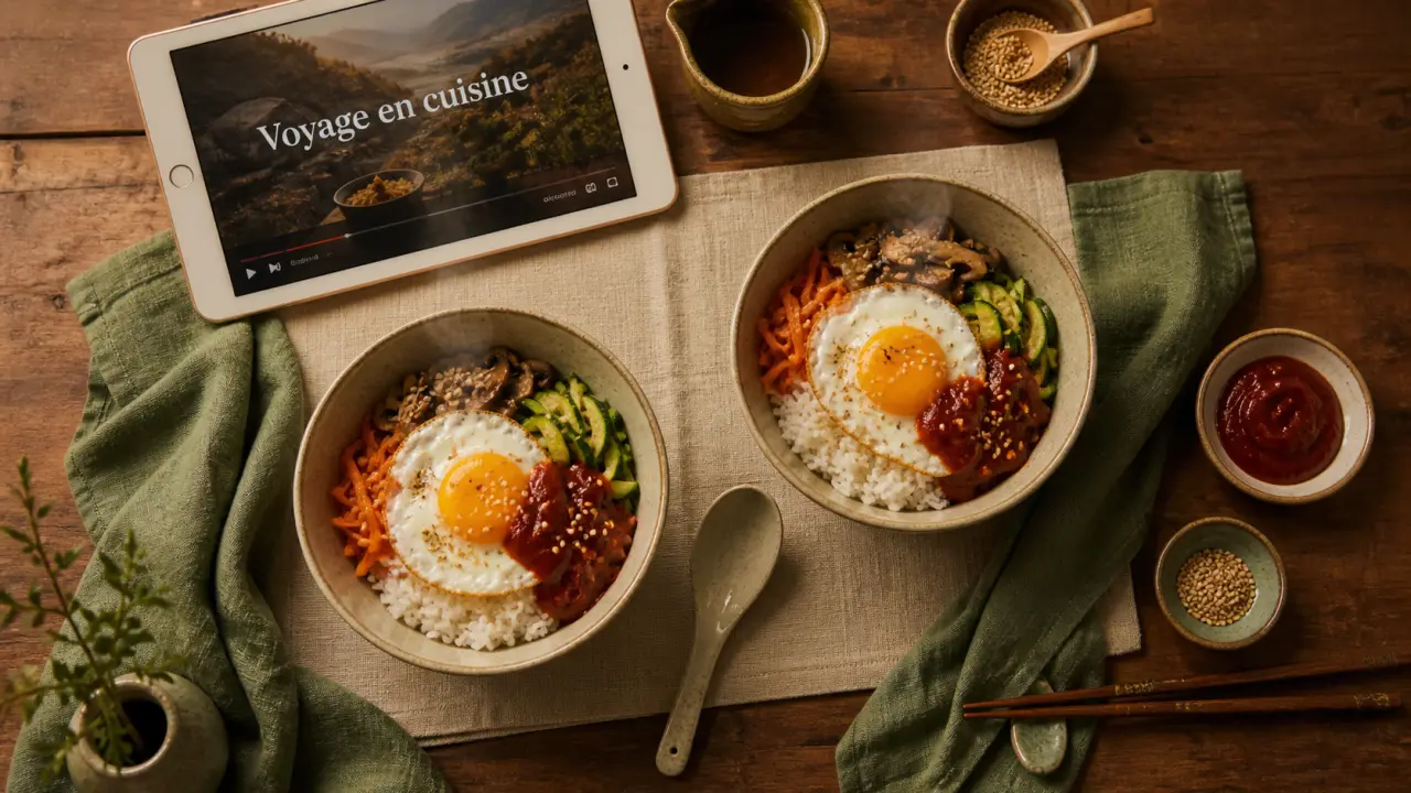 Voyage en cuisine recettes : bibimbap simplifié, bols et légumes sur table en bois