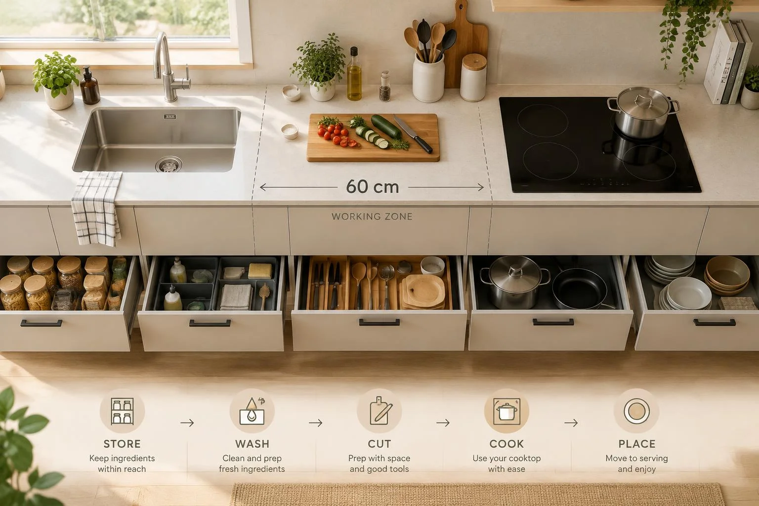 60 cm entre l’évier et la plaque : cuisine fluide