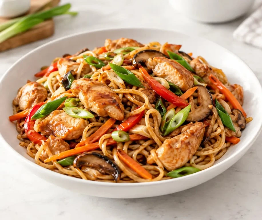 Recettes cuisine chinoise traditionnelle : nouilles sautées au poulet et aux légumes