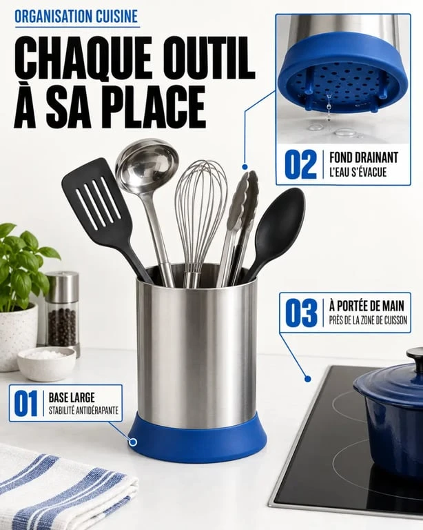 Porte ustensiles cuisine stable et drainant avec spatules, louches et pinces bien organisées