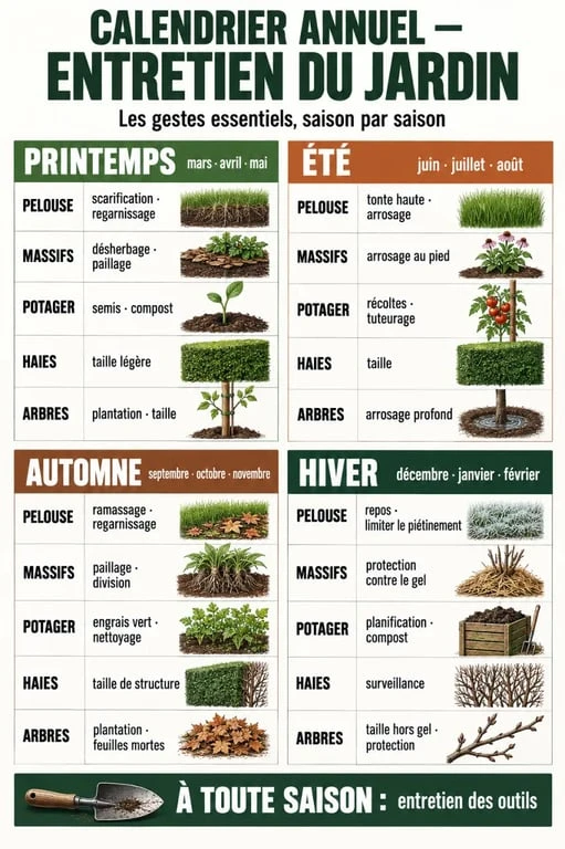 Calendrier illustré de l’entretien du jardin au fil des saisons