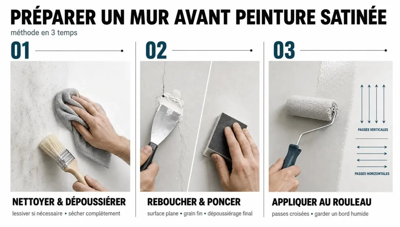 Étapes de préparation et d’application de peinture satinee murale sur un mur intérieur