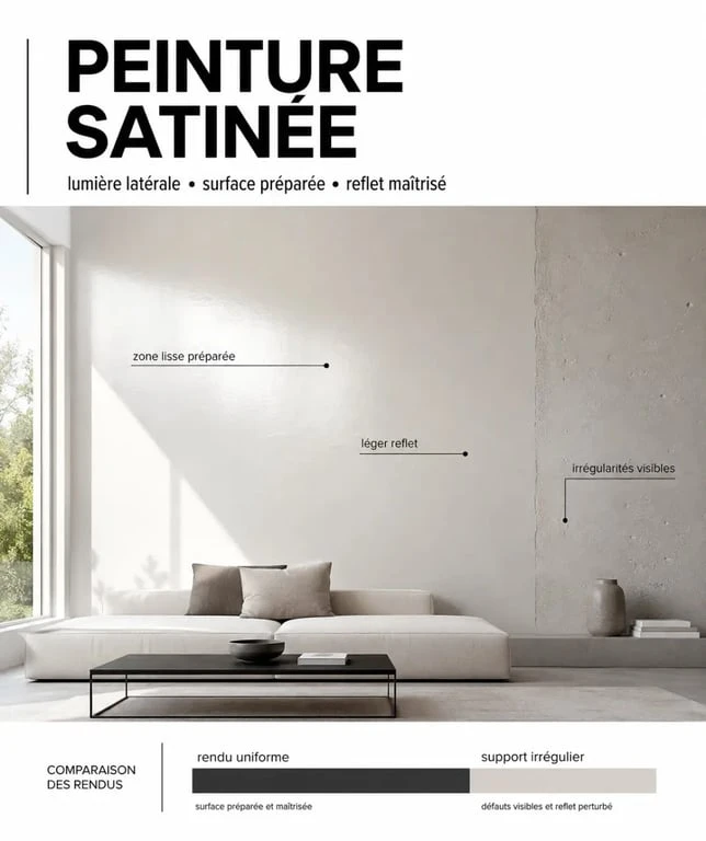 Peinture satinee murale dans un salon lumineux avec rendu légèrement réfléchissant