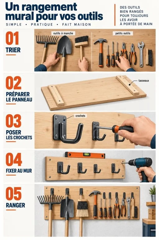 Illustration des étapes pour fabriquer un rangement outils mural fait maison