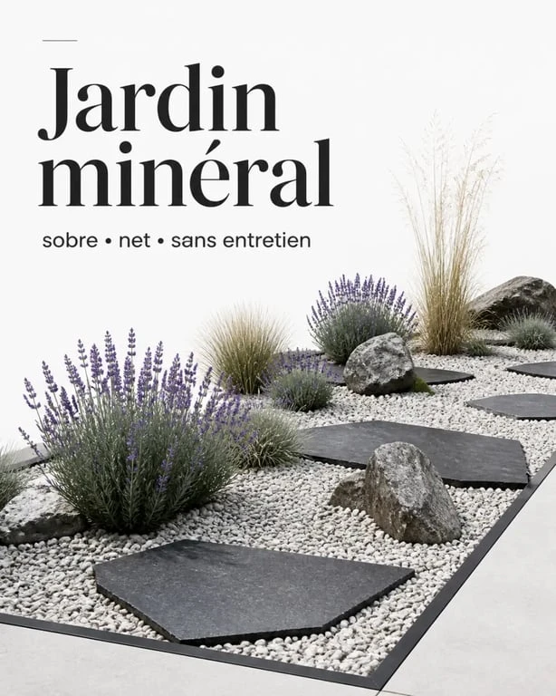 Jardin minéral sans entretien avec graviers, bordures nettes et plantes sobres