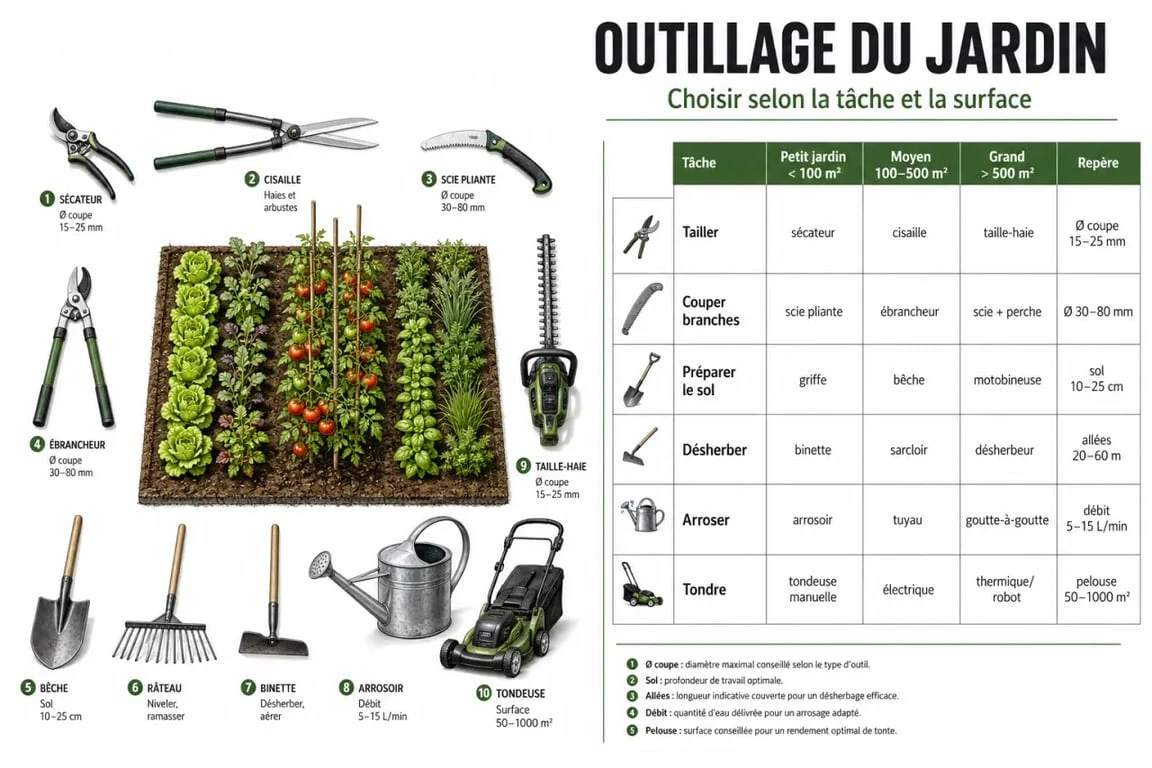 Outillage du jardin : tableau visuel des outils selon les tâches et la taille du jardin