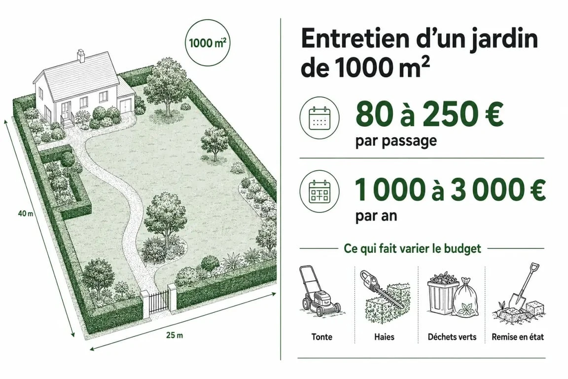 Coût entretien jardin 1000 m2 avec fourchettes de prix et postes de dépense