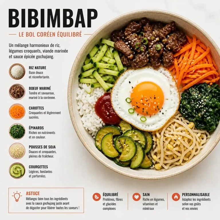 Recette de Bibimbap coréen traditionnel servi dans un bol