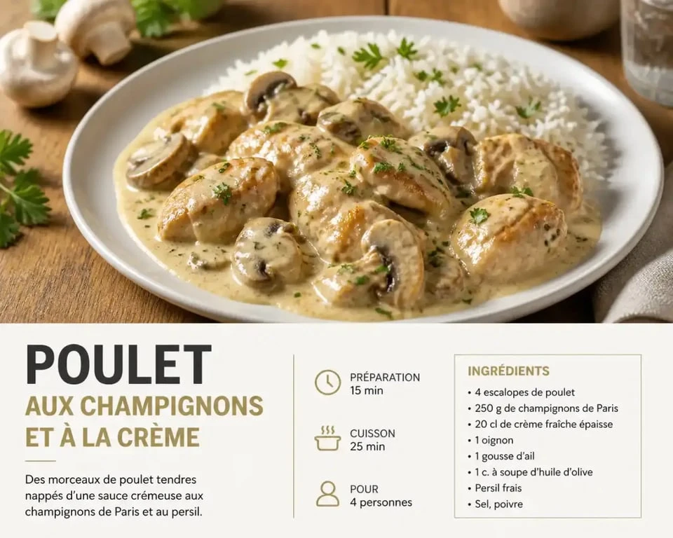 Recette cuisine a à z : poulet aux champignons et à la crème dans une assiette