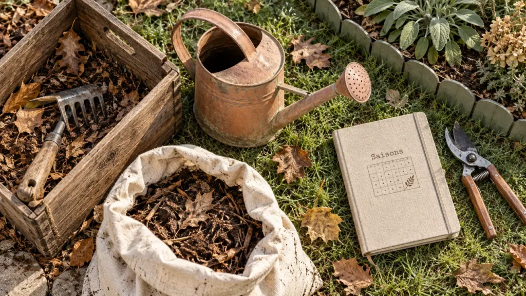 Entretien du jardin : outils, compost et feuilles pour 4 saisons