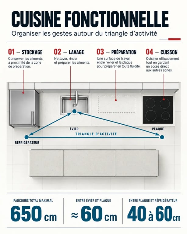 Aménager une cuisine fonctionnelle avec triangle d’activité et quatre zones de travail