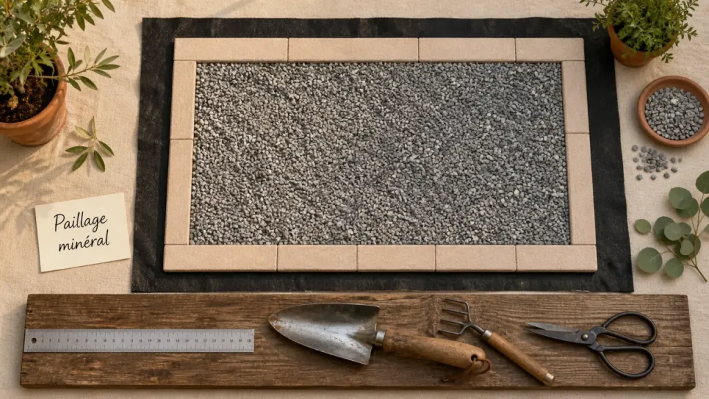 Gravier pour un jardin sans entretien : géotextile, 5 à 7 cm et bordures solides