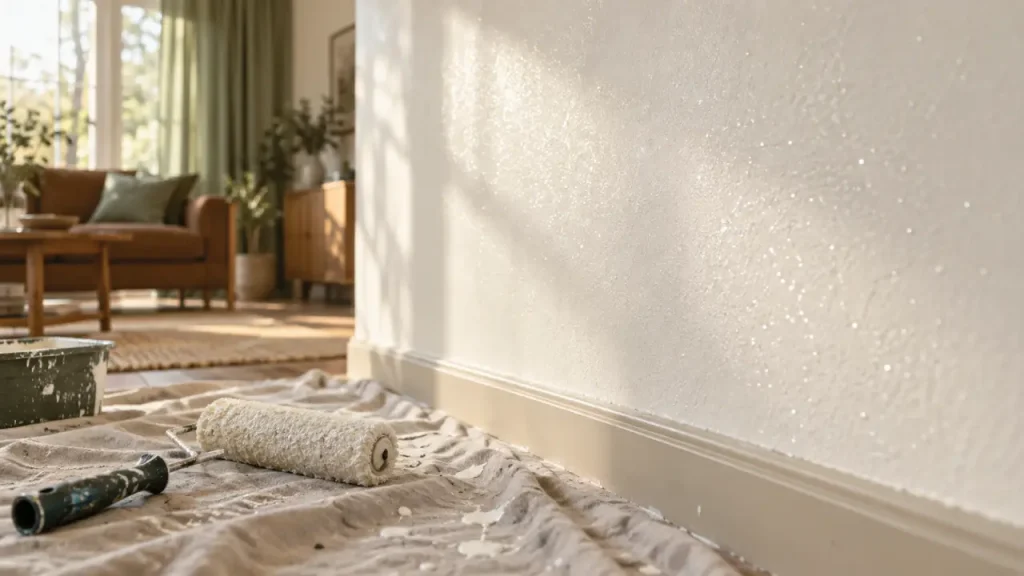Peinture blanche pailletée murale : mur clair effet pailleté discret