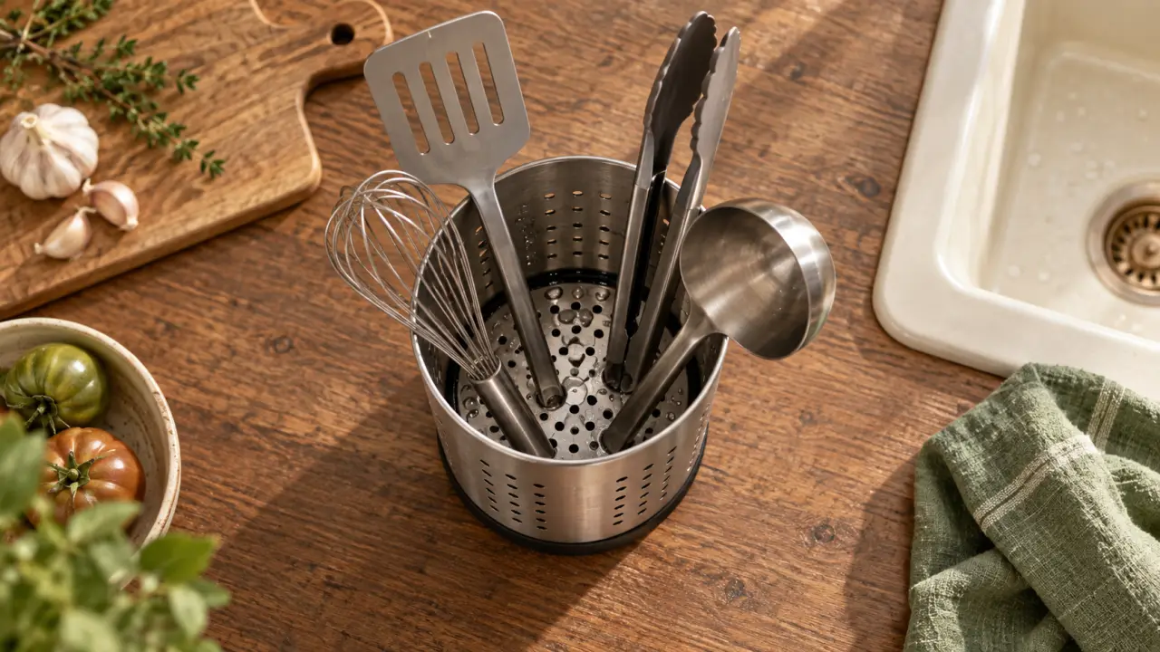 Porte ustensiles cuisine drainant en acier inox brossé