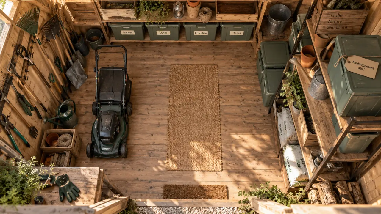 Aménagement abri de jardin : rangement et tondeuse en abri