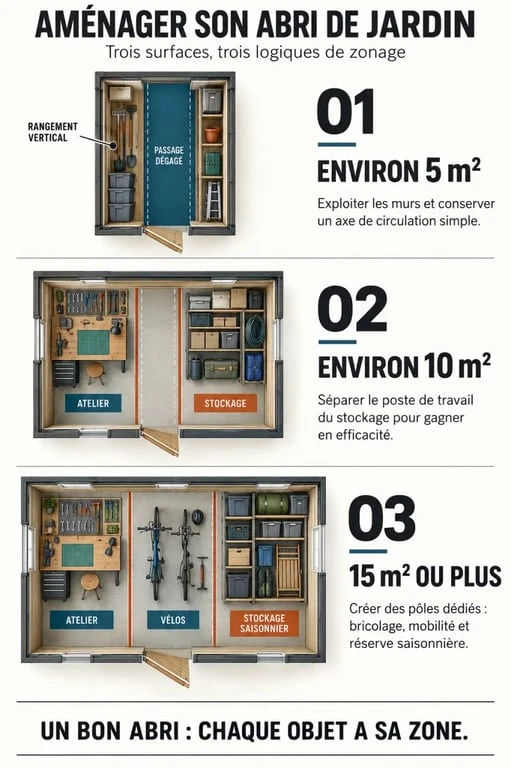 Infographie sur l'aménagement abri de jardin selon la surface disponible