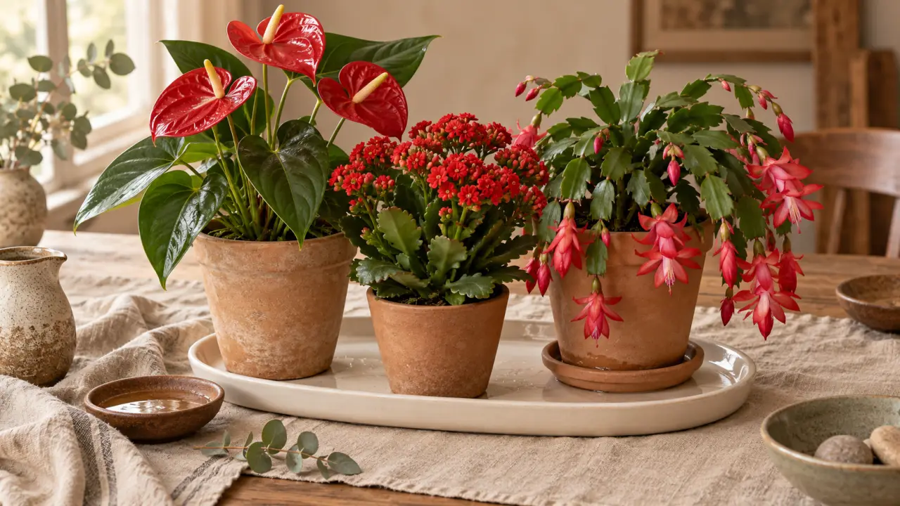 Plantes d intérieur fleurs rouges : anthurium, kalanchoé, schlumbergera en photo